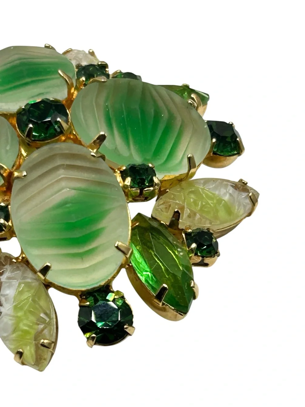 Vintage Green Molded Art Glass Rhinestone Brooch